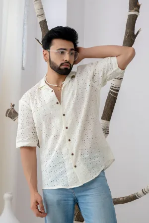 CUTWORK EMBROIDERY SHIRT OFF-WHITE WITH CAMP COLLAR