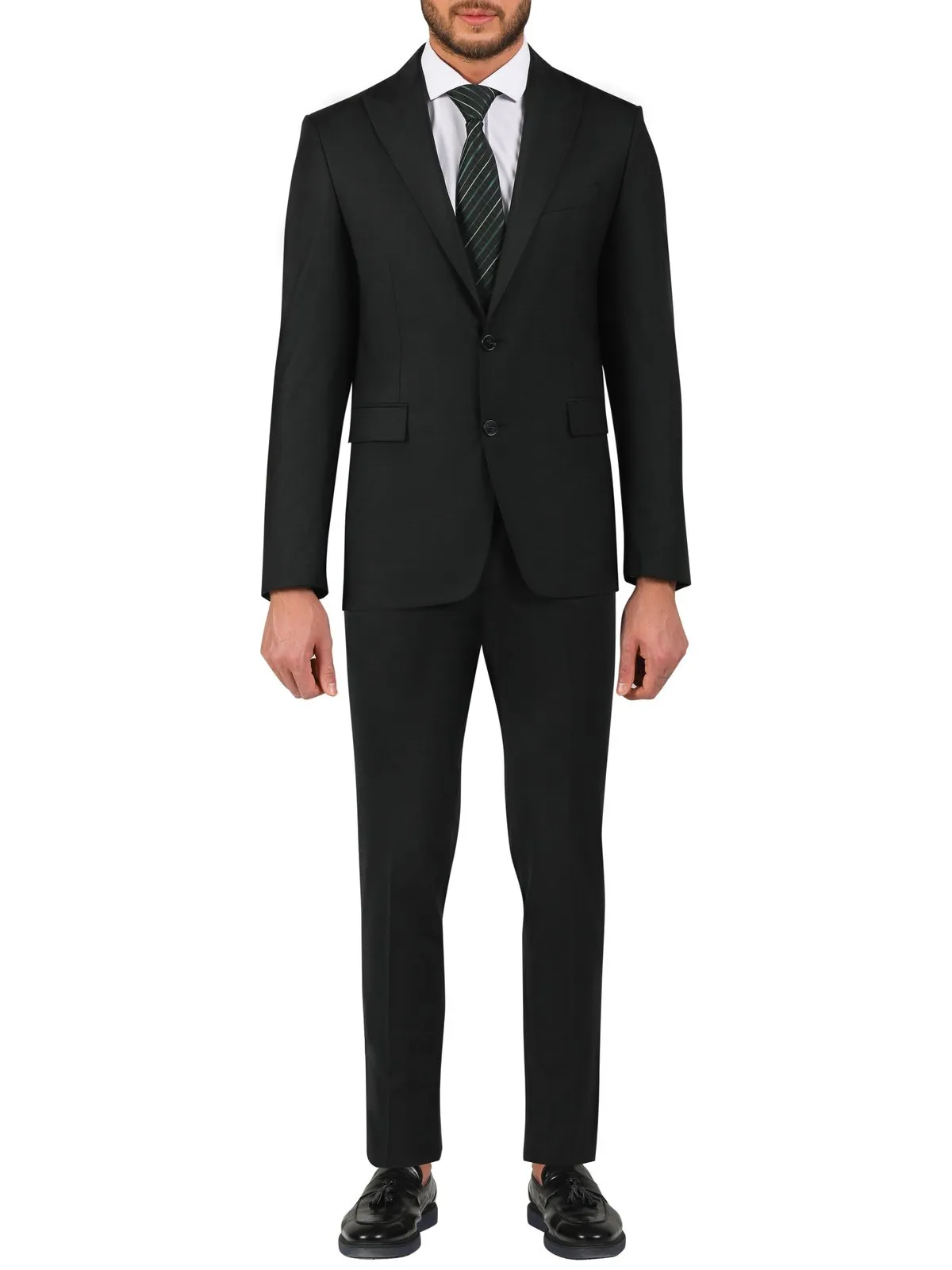 Di'nucci Slim Fit Black Textured Peak Lapel Wool Blend Suit