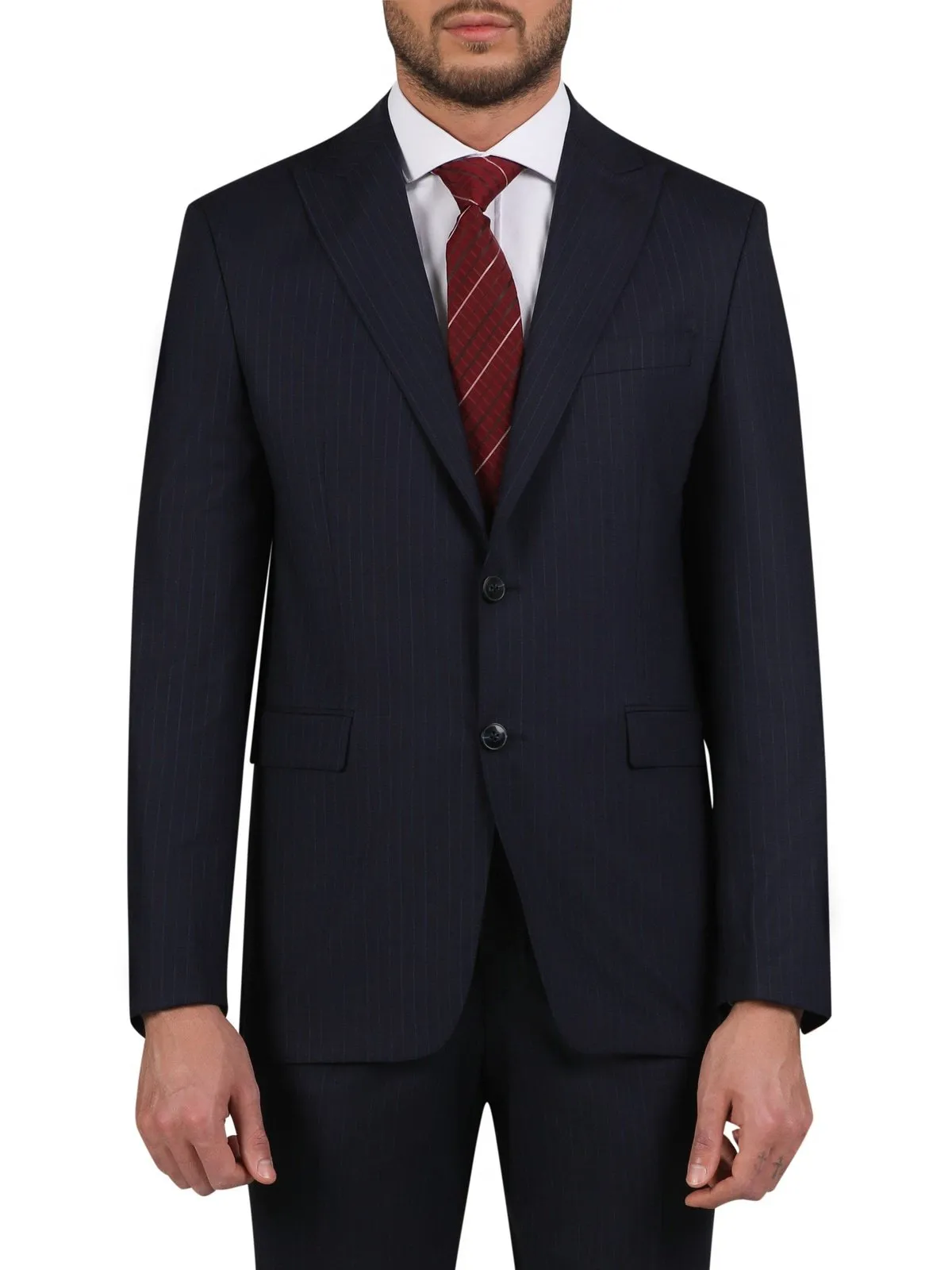 Di'nucci Slim Fit Navy With Burgundy Stripe Peak Lapel Wool Blend Suit