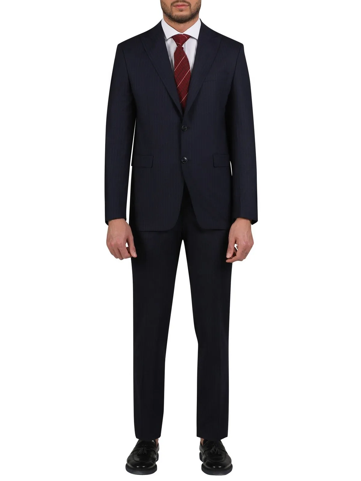 Di'nucci Slim Fit Navy With Burgundy Stripe Peak Lapel Wool Blend Suit