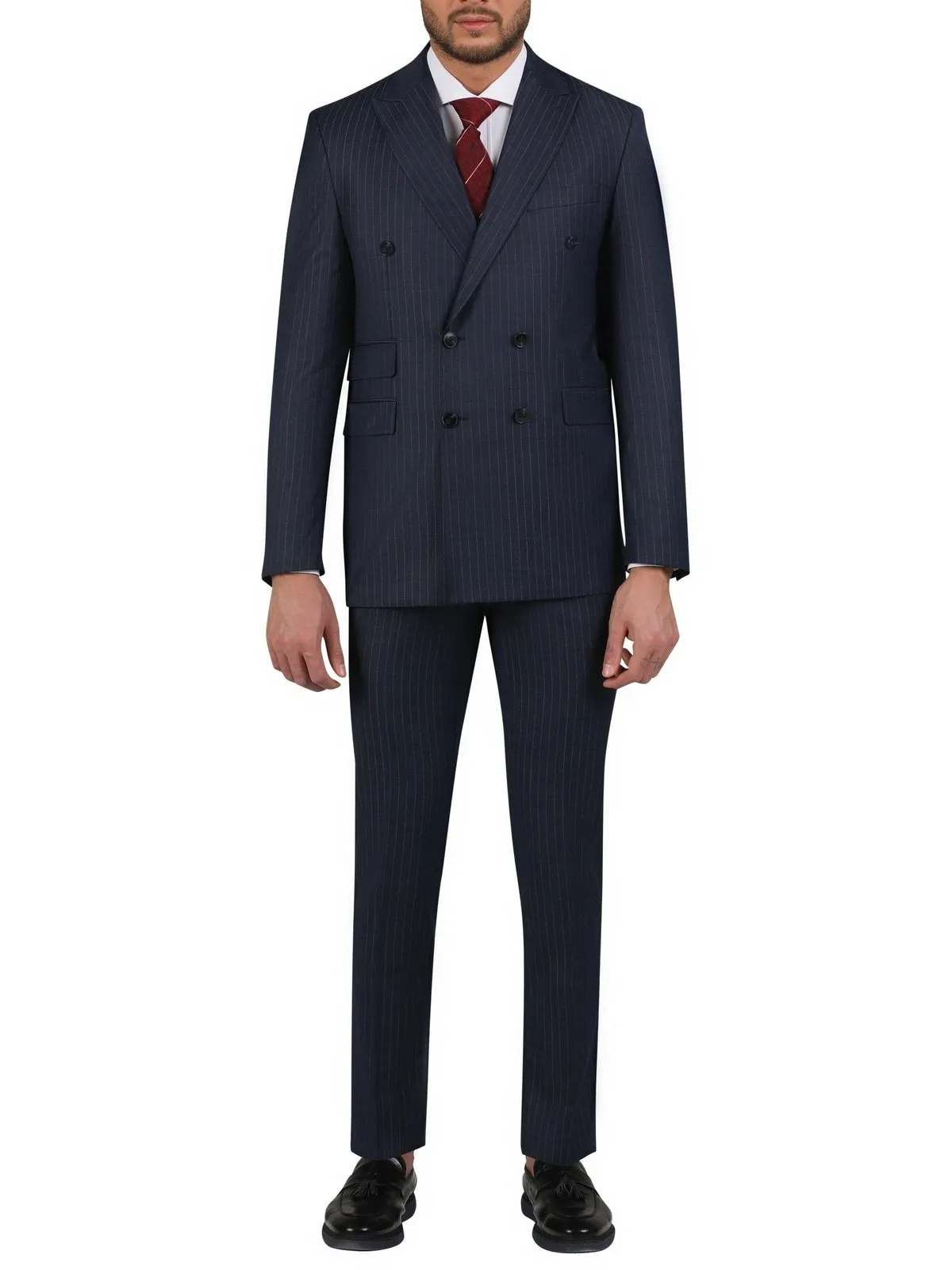 Di'nucci Slim Fit Navy With Purple Pinstripe Double Breasted Peak Lapel Wool Suit