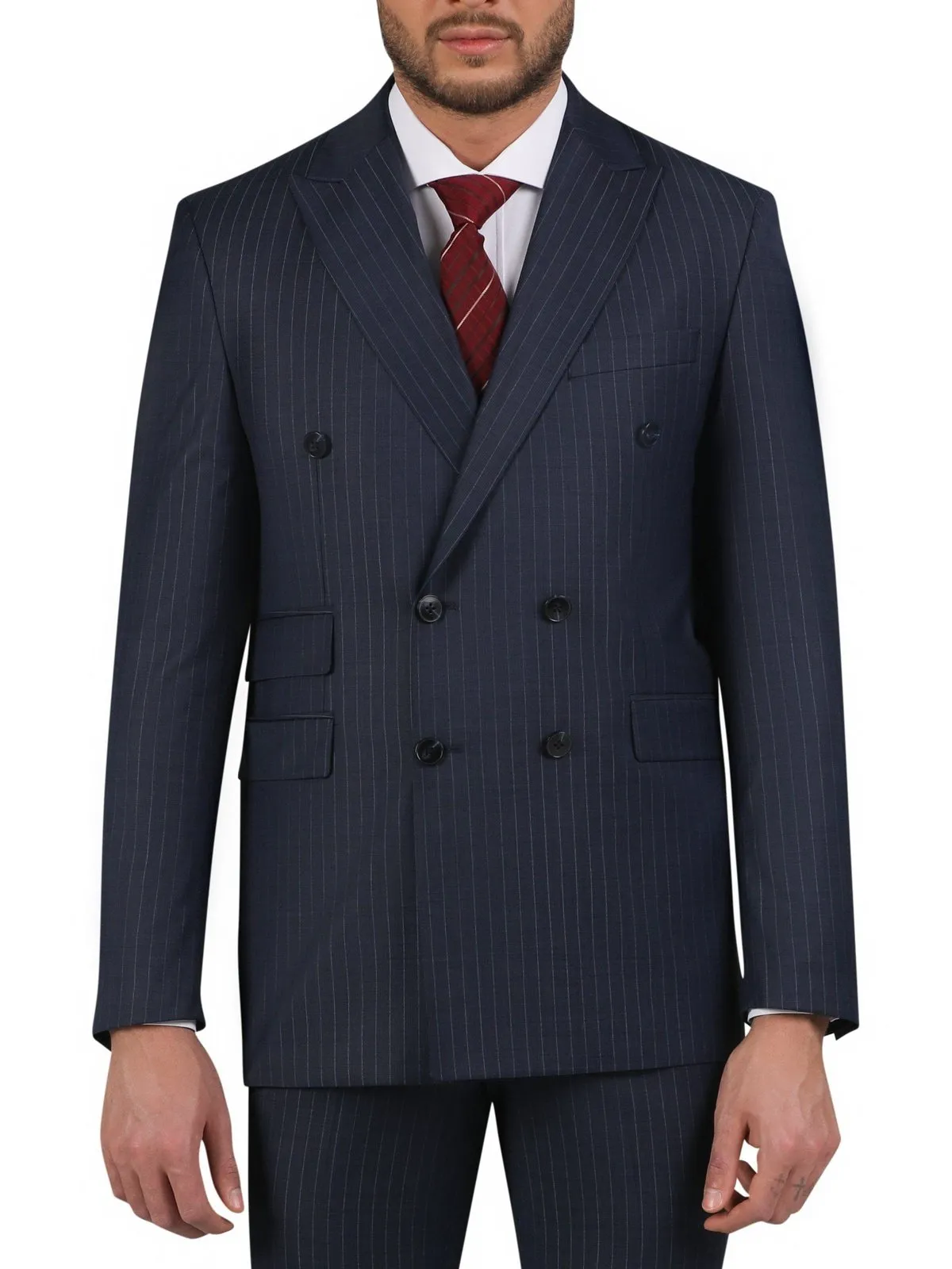 Di'nucci Slim Fit Navy With Purple Pinstripe Double Breasted Peak Lapel Wool Suit