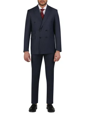 Di'nucci Slim Fit Navy With Purple Pinstripe Double Breasted Peak Lapel Wool Suit