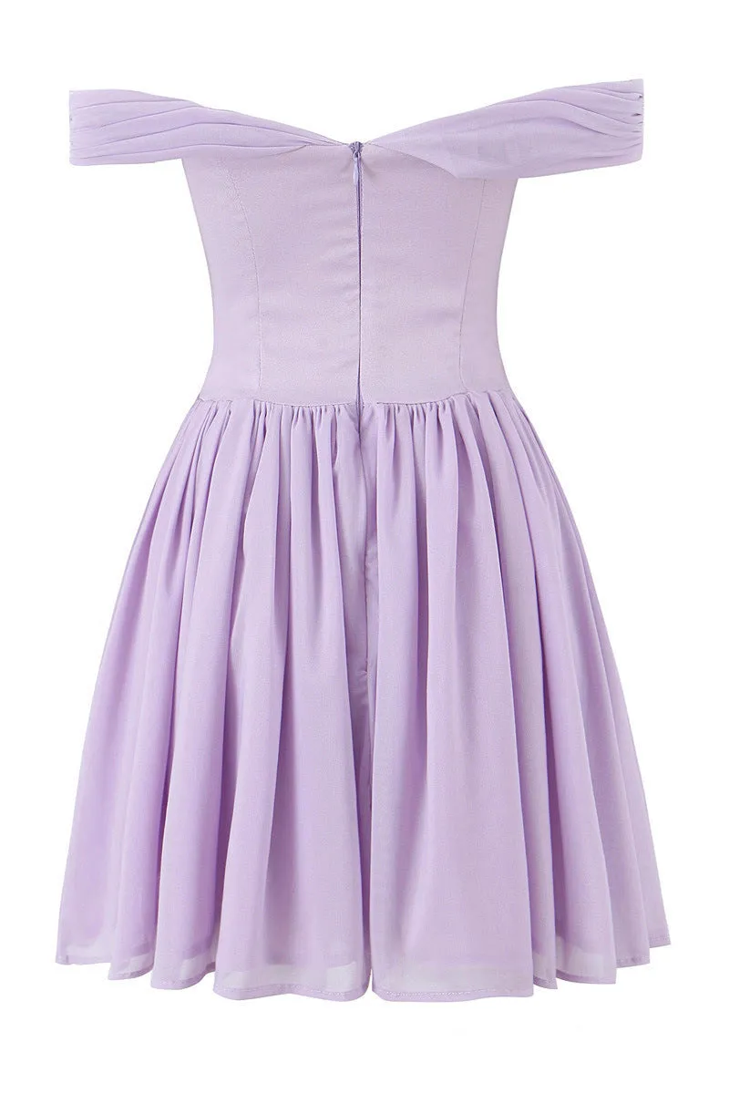 Elegant Lilac Off the Shoulder A-line Chiffon Short Homecoming Dress Graduation Party Dress , QB0866