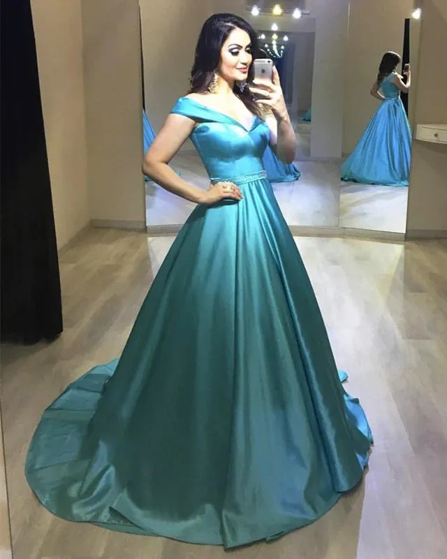 Elegant Off Shoulder Green Prom Dresses Beaded Evening Dresses