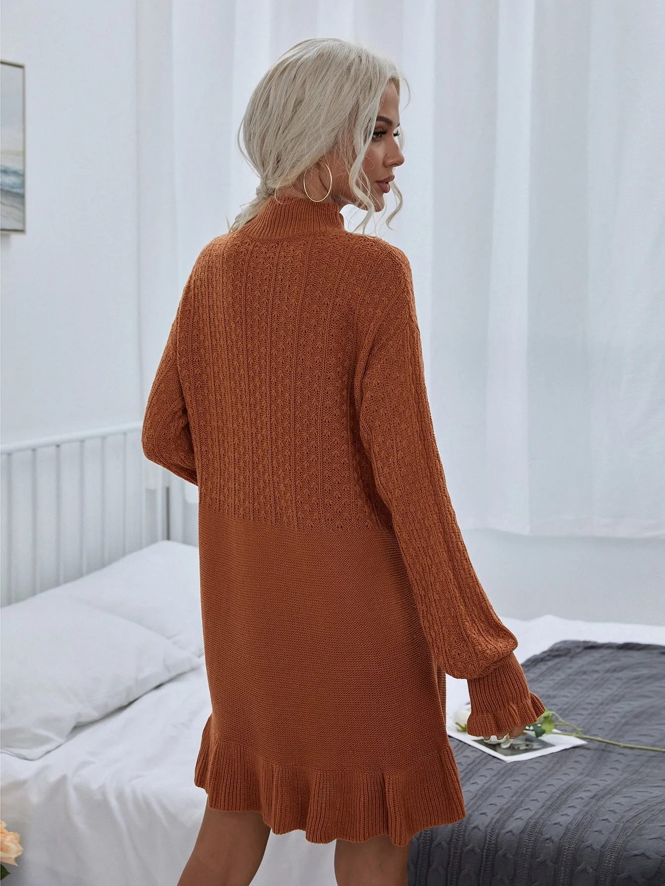 Elegant Plain Ruffle Hem Long Sleeve Stand Collar Flounce Natural Short Women Sweater Dress