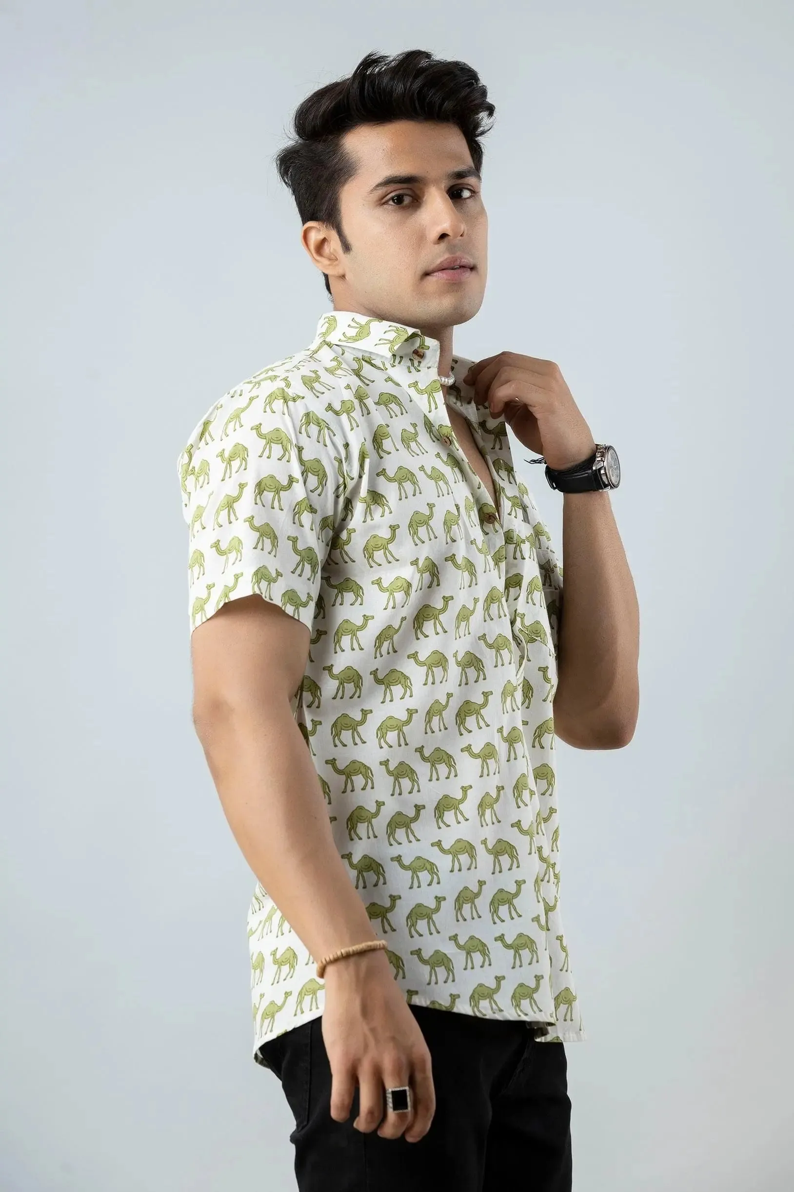 Firangi Yarn Block Printed Cotton White/Green Camel Printed Shirt For Men