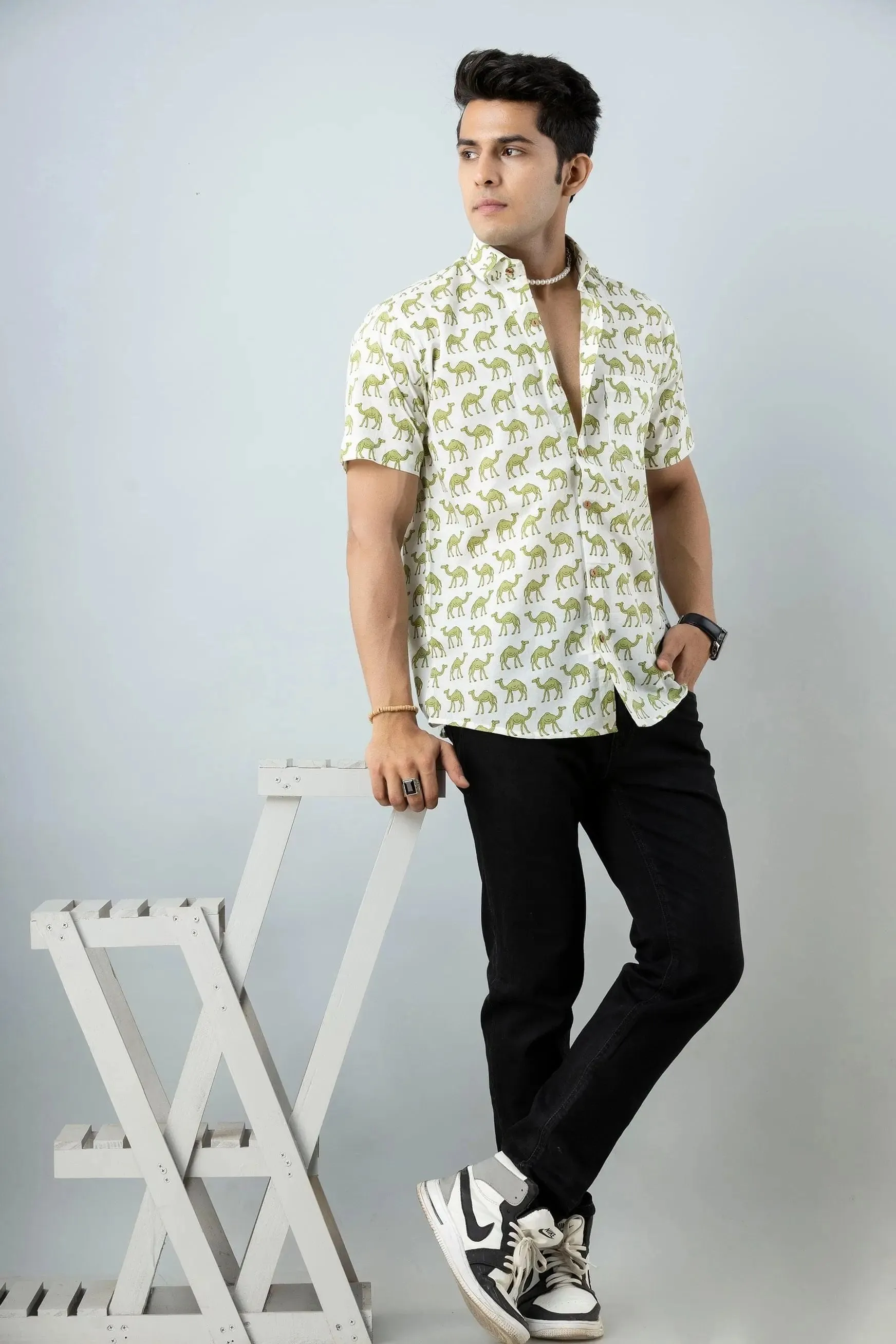 Firangi Yarn Block Printed Cotton White/Green Camel Printed Shirt For Men