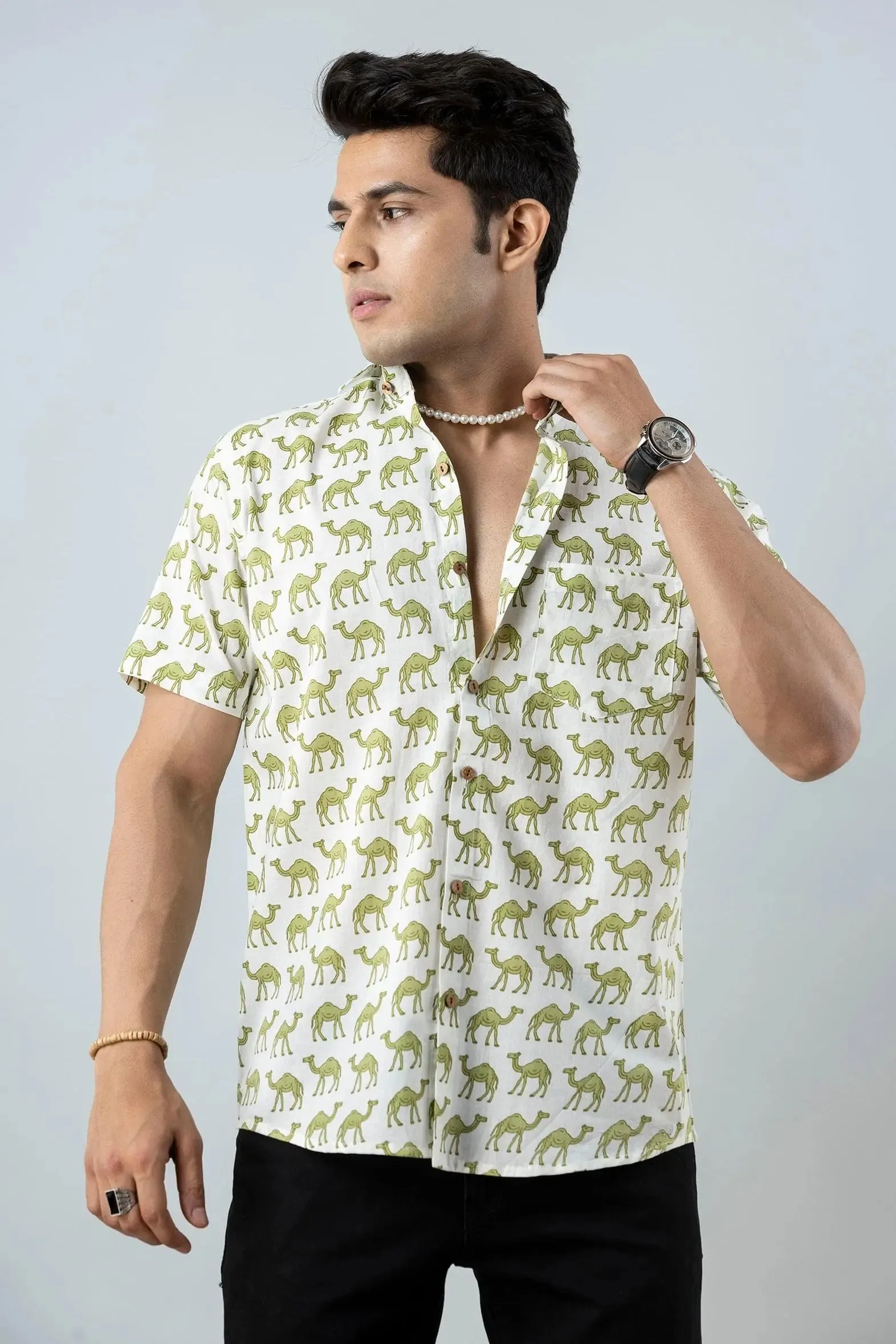 Firangi Yarn Block Printed Cotton White/Green Camel Printed Shirt For Men