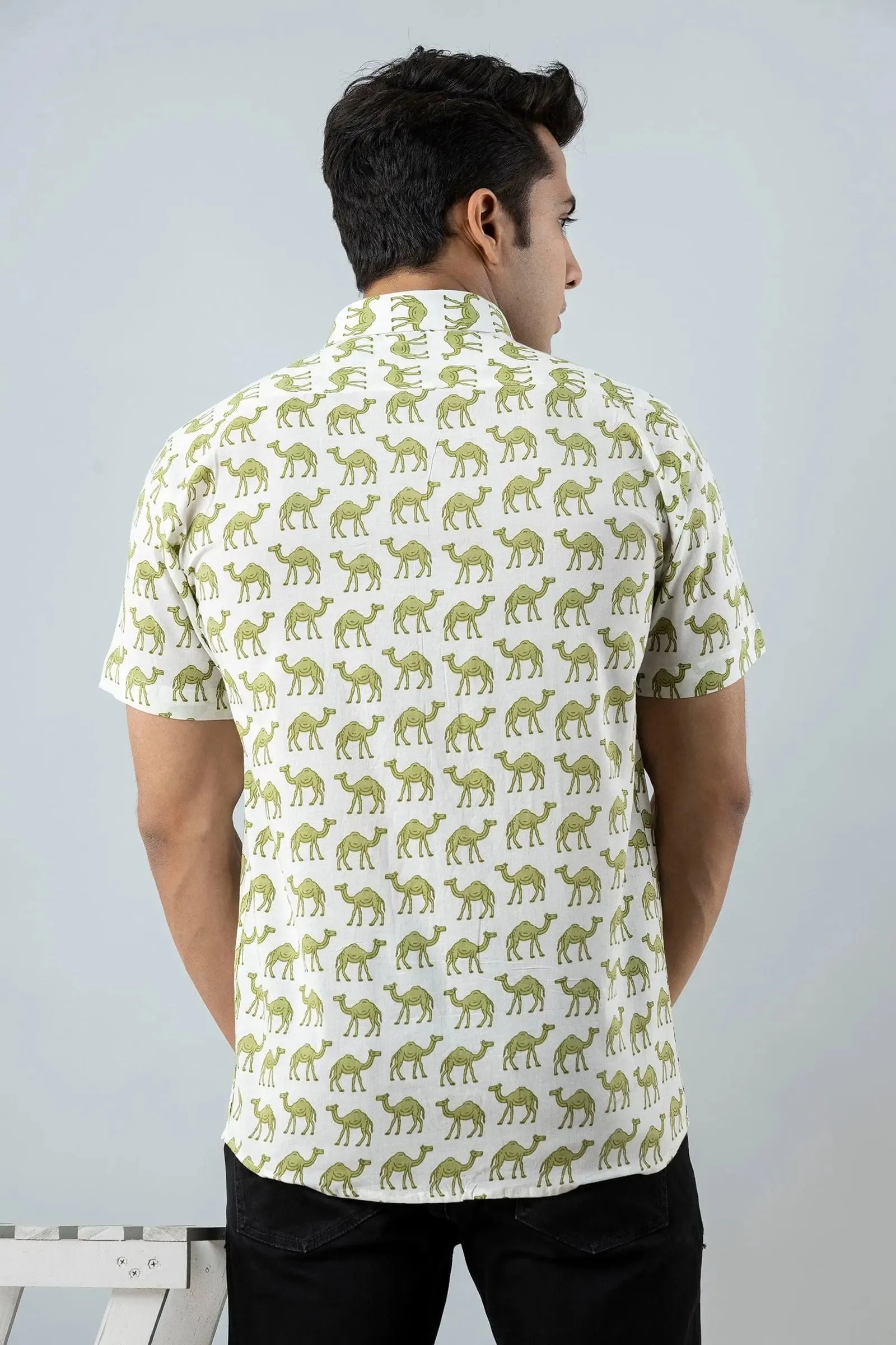Firangi Yarn Block Printed Cotton White/Green Camel Printed Shirt For Men