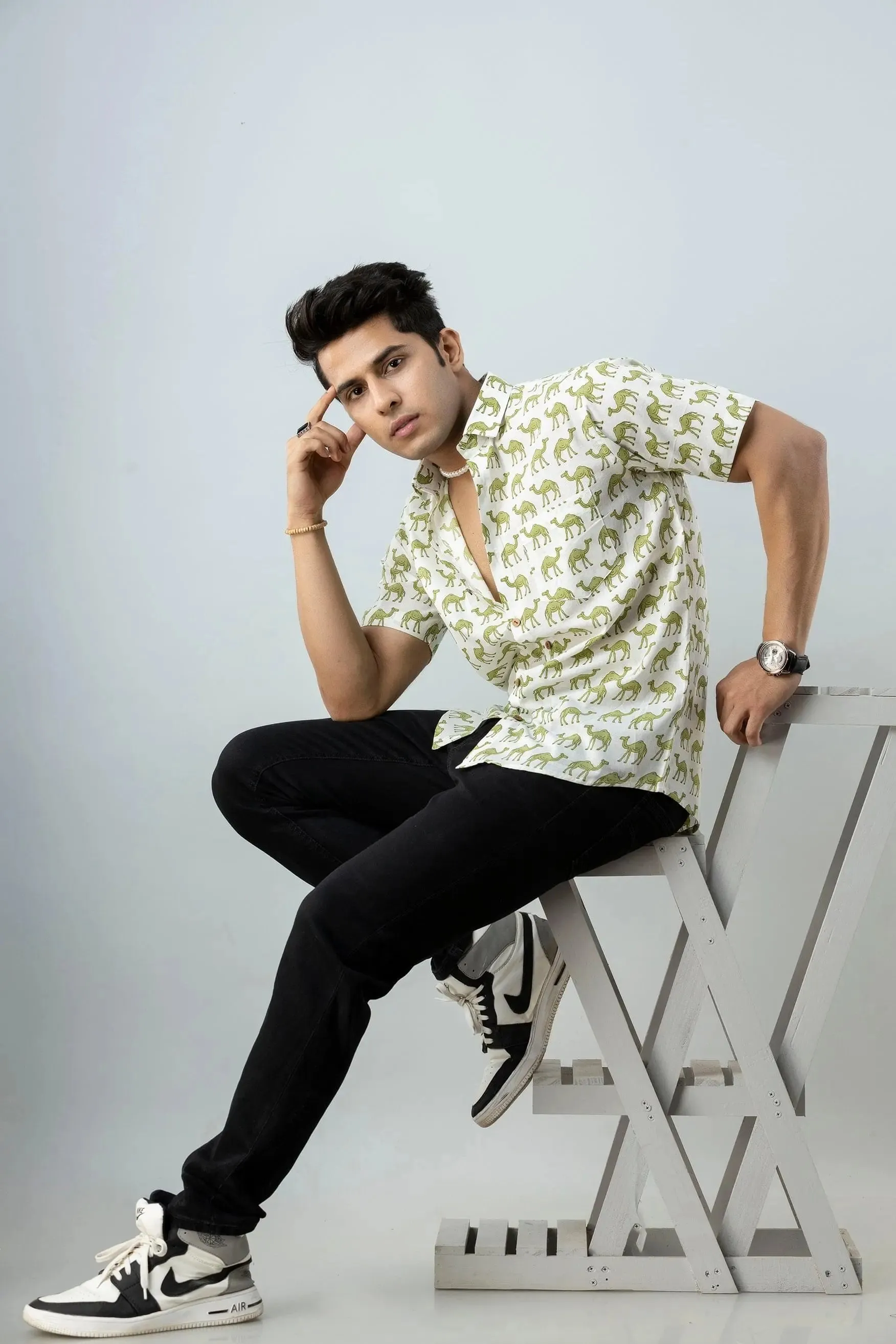 Firangi Yarn Block Printed Cotton White/Green Camel Printed Shirt For Men