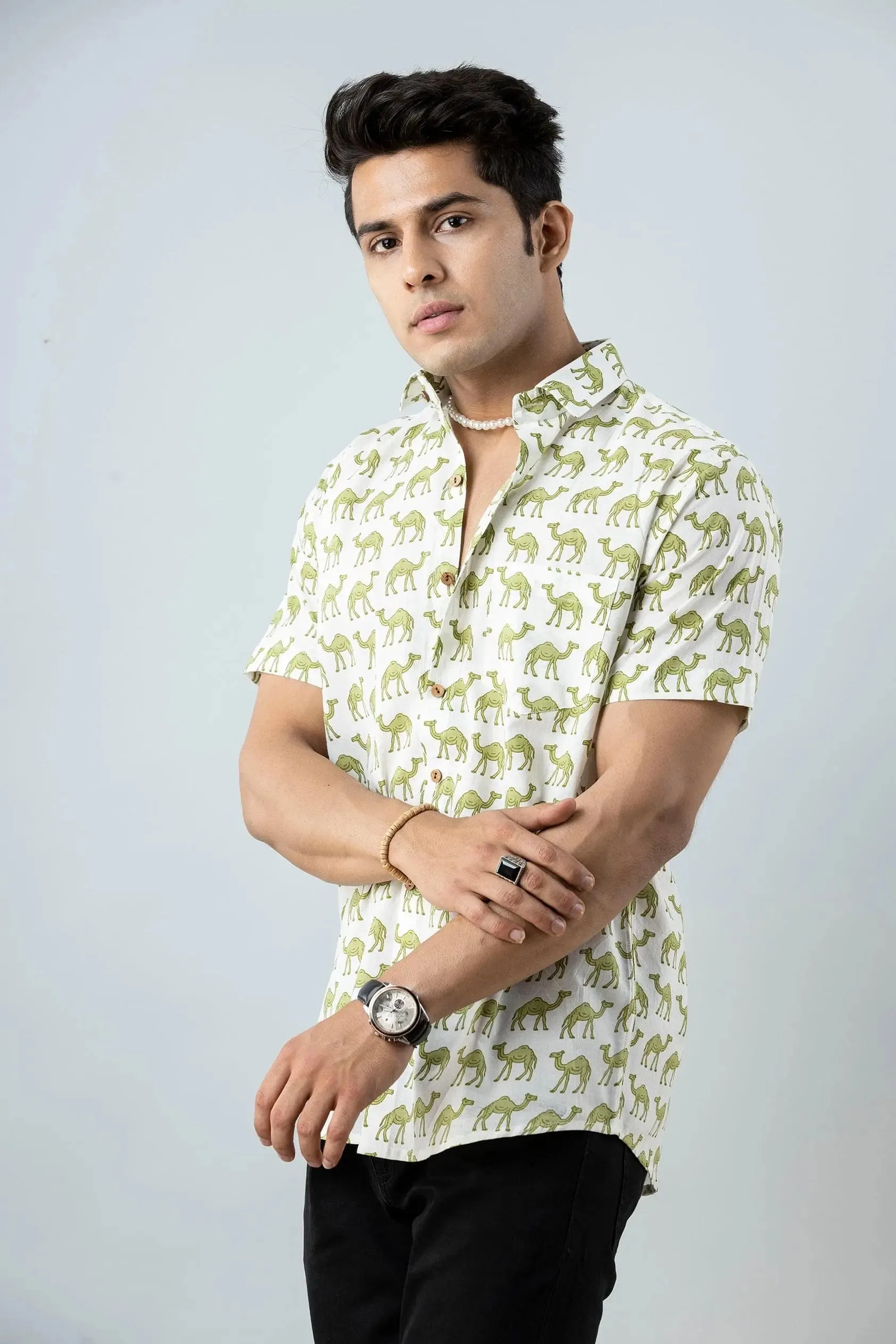 Firangi Yarn Block Printed Cotton White/Green Camel Printed Shirt For Men