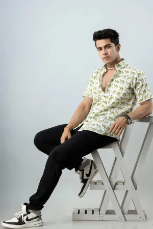 Firangi Yarn Block Printed Cotton White/Green Camel Printed Shirt For Men
