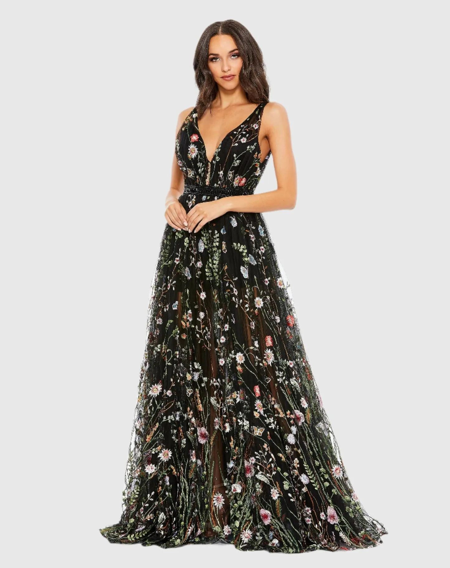 Floral embroidered sleeveless A Line gown - Black