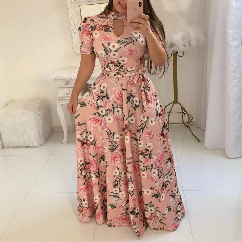 Flowered Pink Elegant Maxi Dress