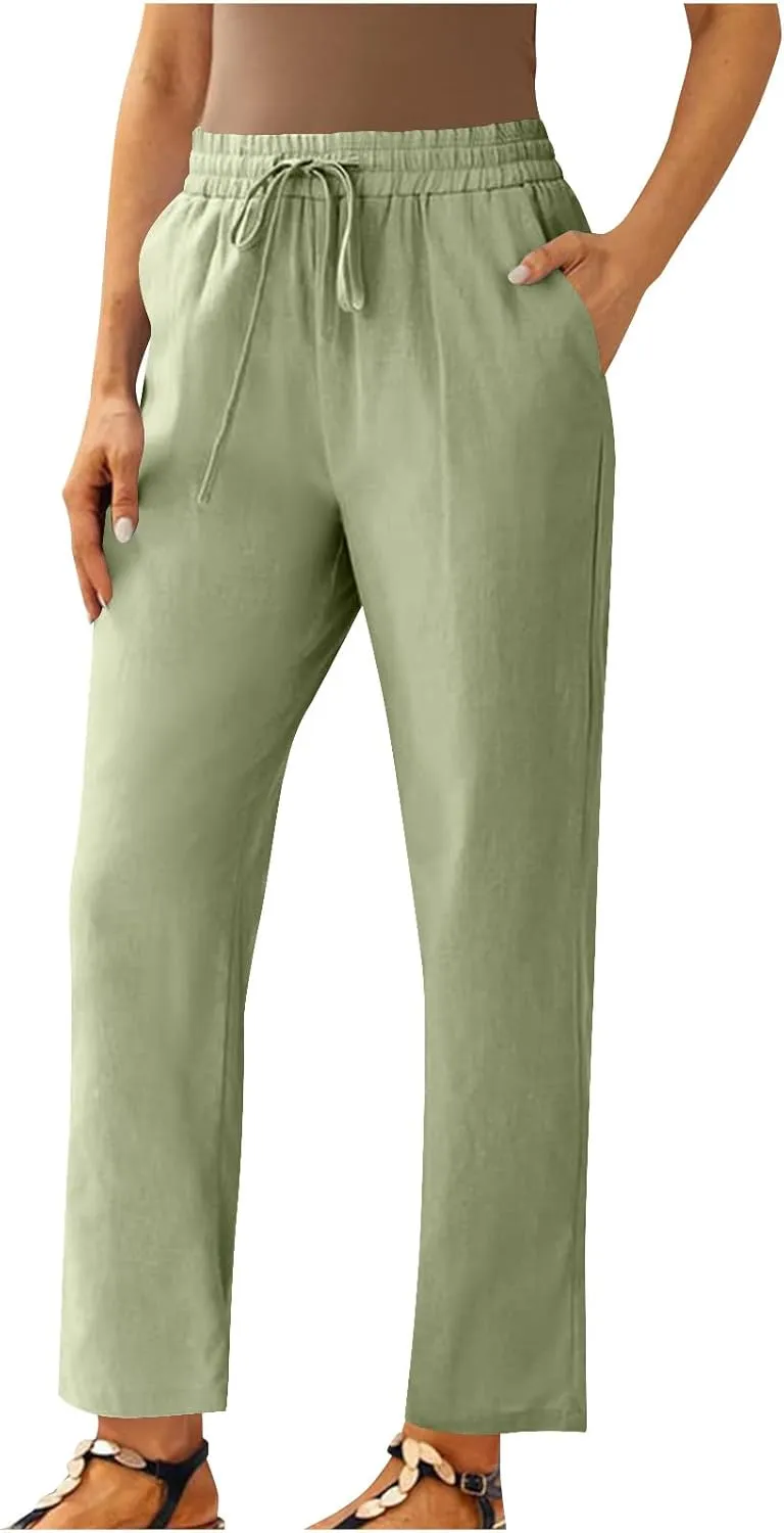 FZYLQY Womens Drawstring Waist Linen Trousers with Pockets Casual Loose Fit Pants for 2025 Summer Relaxed Comfort