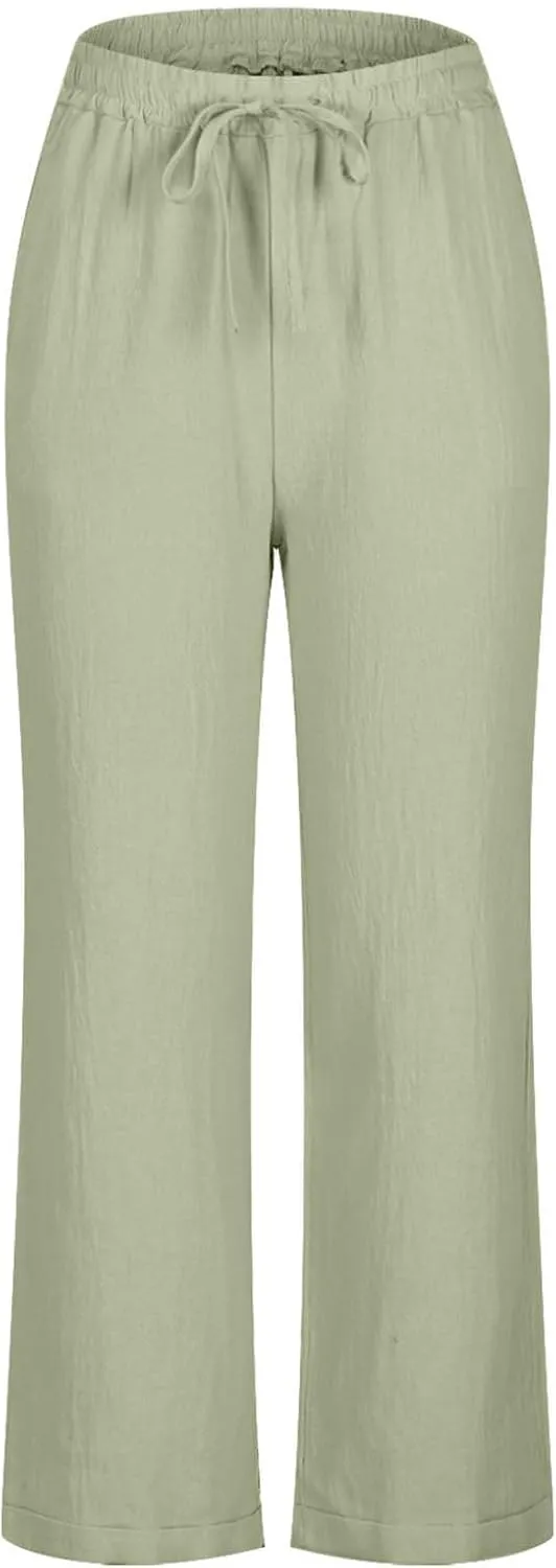FZYLQY Womens Drawstring Waist Linen Trousers with Pockets Casual Loose Fit Pants for 2025 Summer Relaxed Comfort