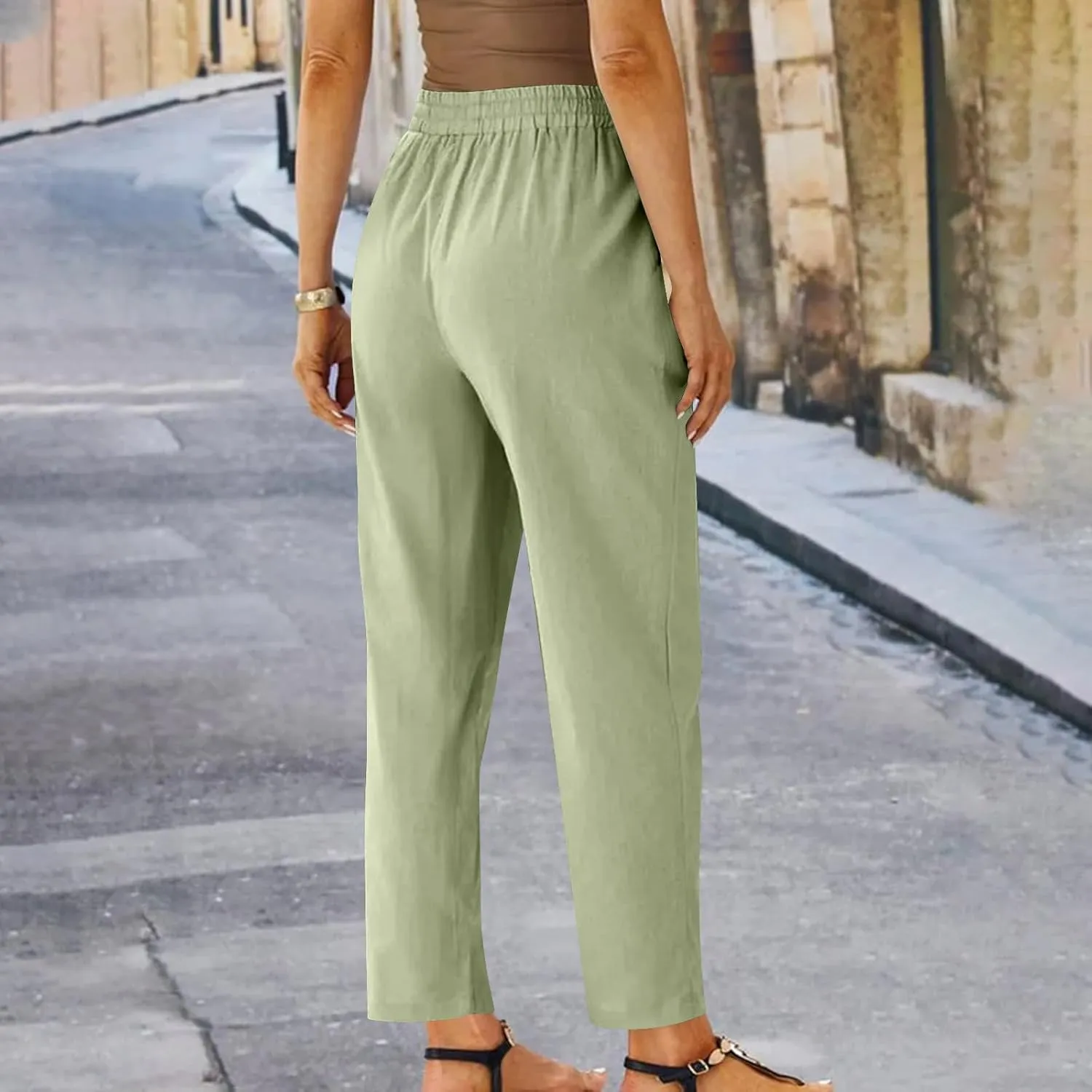 FZYLQY Womens Drawstring Waist Linen Trousers with Pockets Casual Loose Fit Pants for 2025 Summer Relaxed Comfort