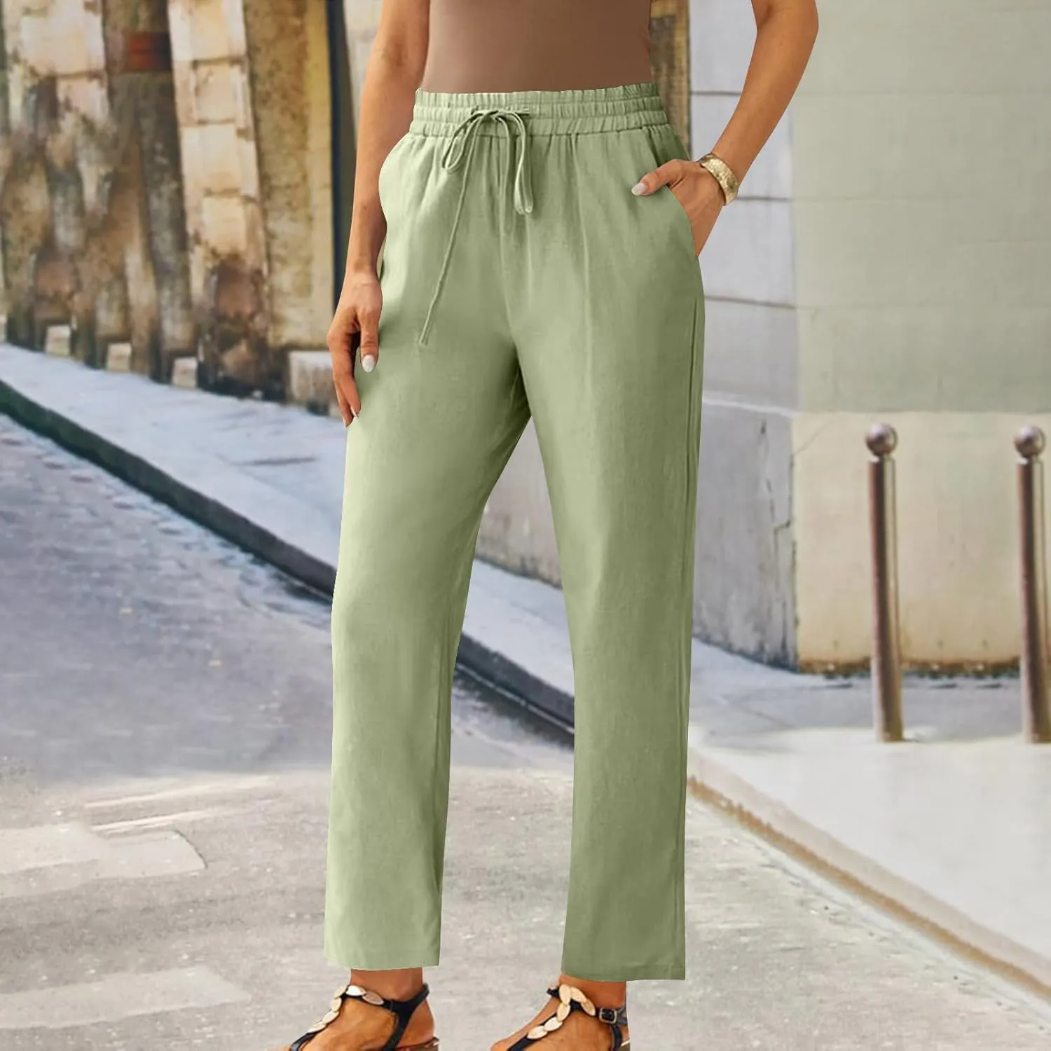 FZYLQY Womens Drawstring Waist Linen Trousers with Pockets Casual Loose Fit Pants for 2025 Summer Relaxed Comfort
