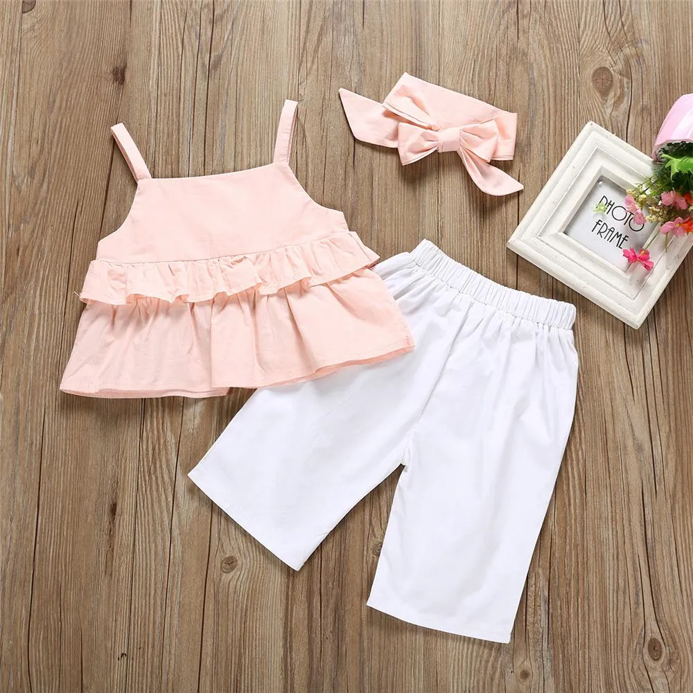 Girls Solid Color Sling Top & Pants & Headband Girls Clothing Wholesalers