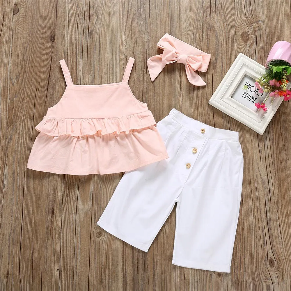 Girls Solid Color Sling Top & Pants & Headband Girls Clothing Wholesalers