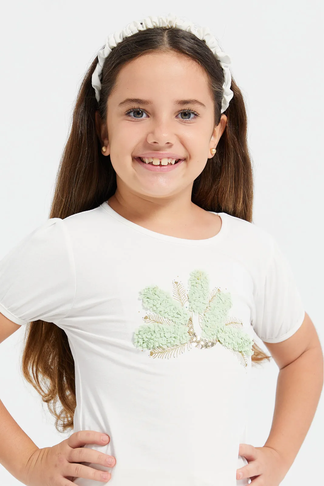 Girls White Embellished With Chiffon T-Shirt