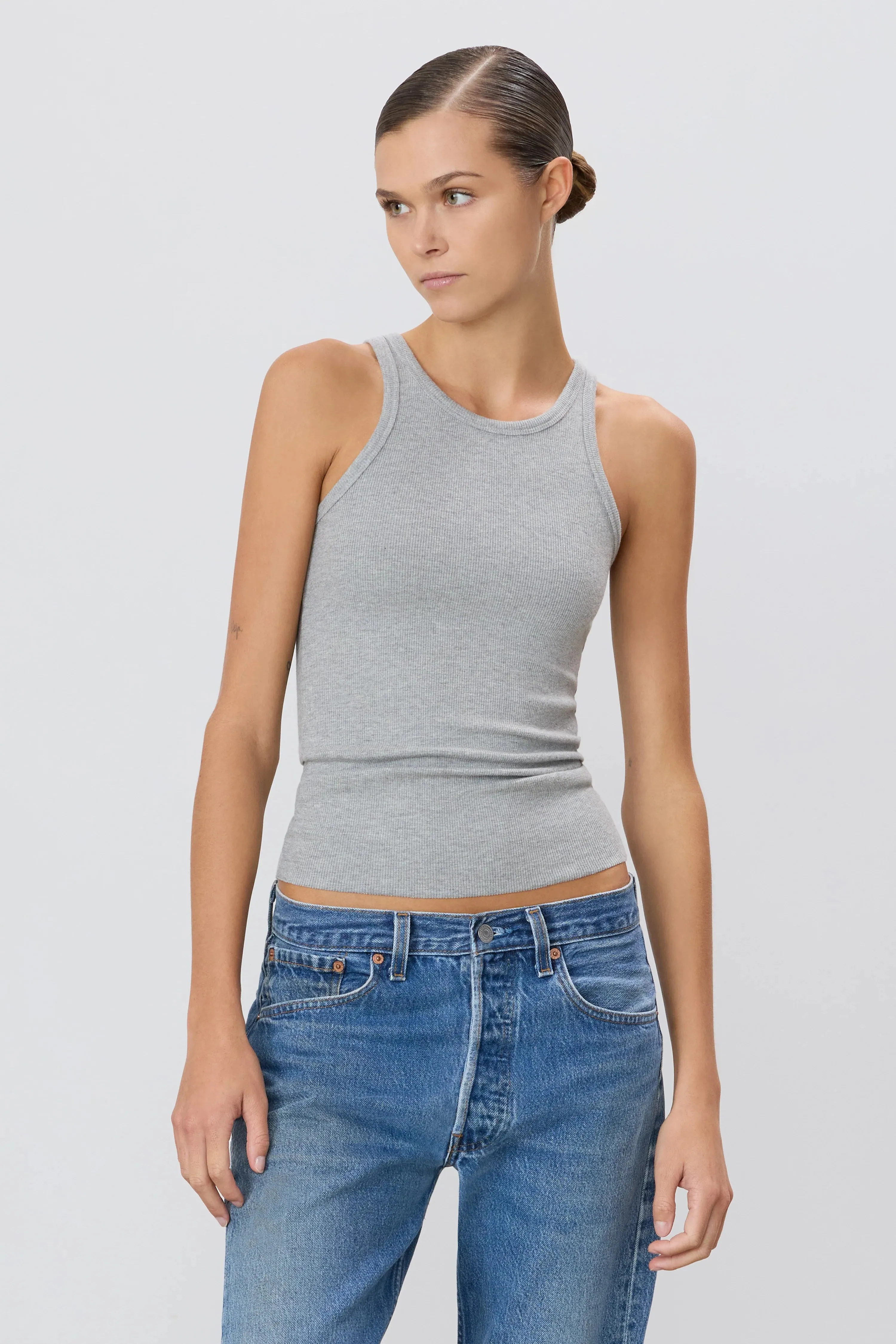 High Neck Fitted Tank in Heather Grey