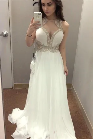 Ivory High Low Beaded Chiffon Elegant Long Prom Dresses For Teens PFP1025