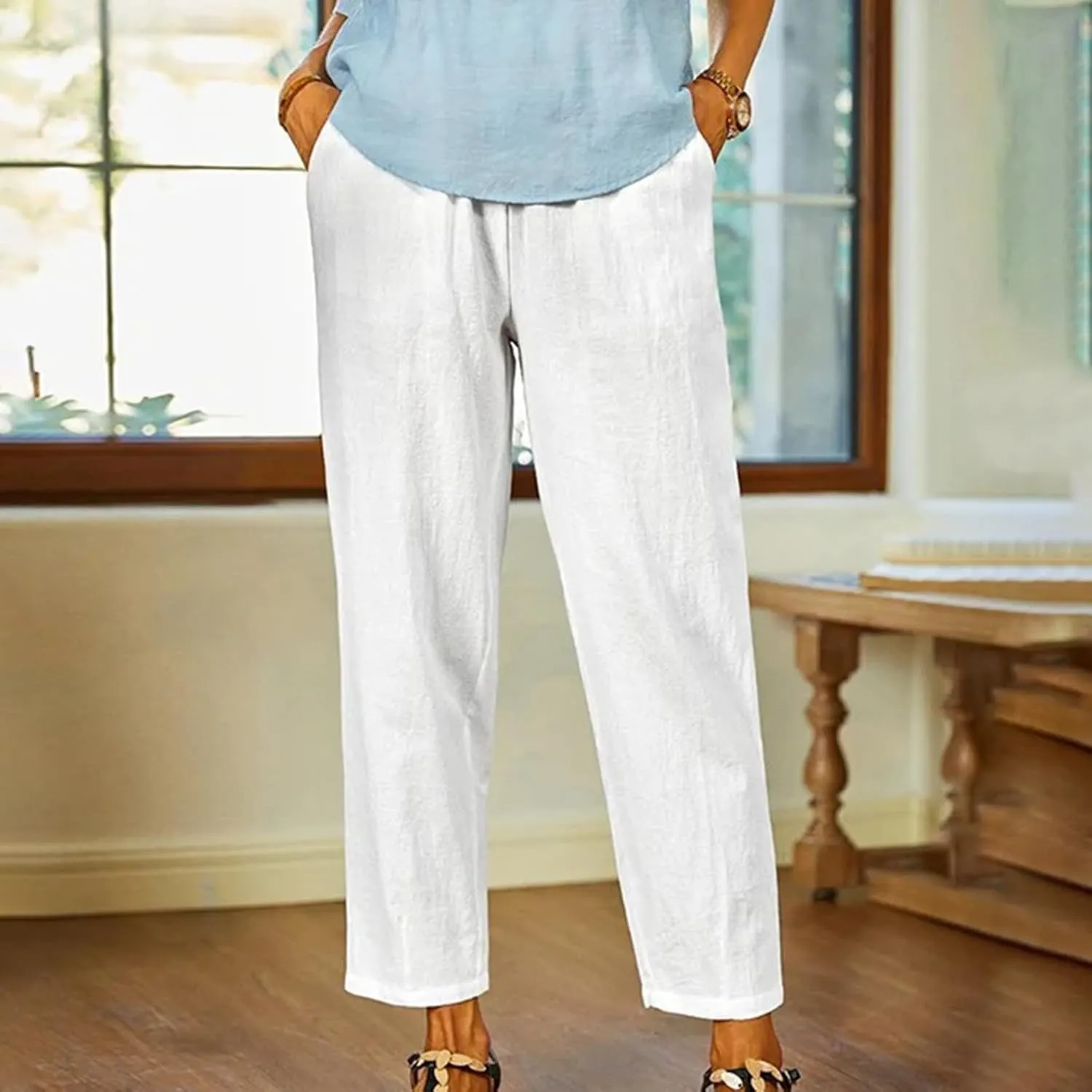 Lastesso Casual Pants for Women Lightweight Cotton Linen Straight Trousers Relaxed Size Cozy Beach Summer Lounge Outfits