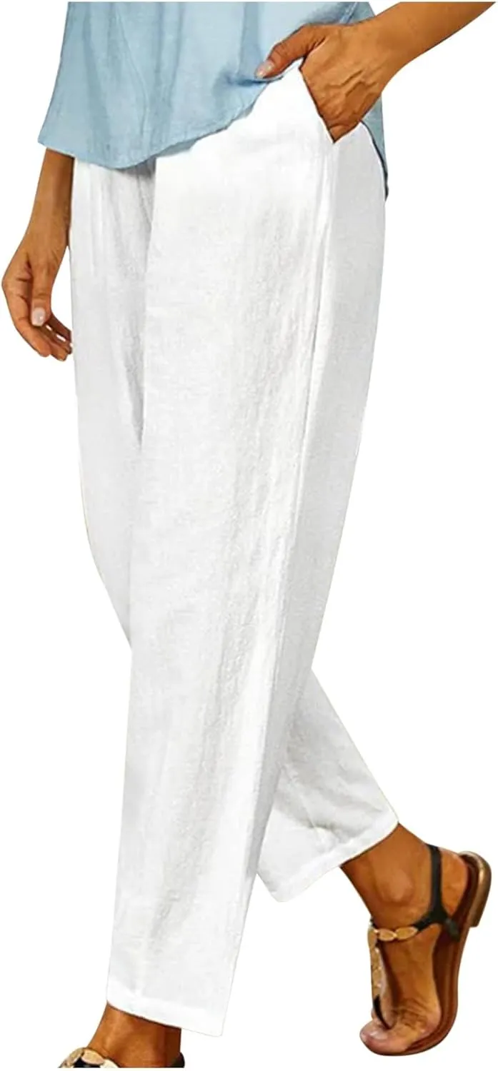 Lastesso Casual Pants for Women Lightweight Cotton Linen Straight Trousers Relaxed Size Cozy Beach Summer Lounge Outfits