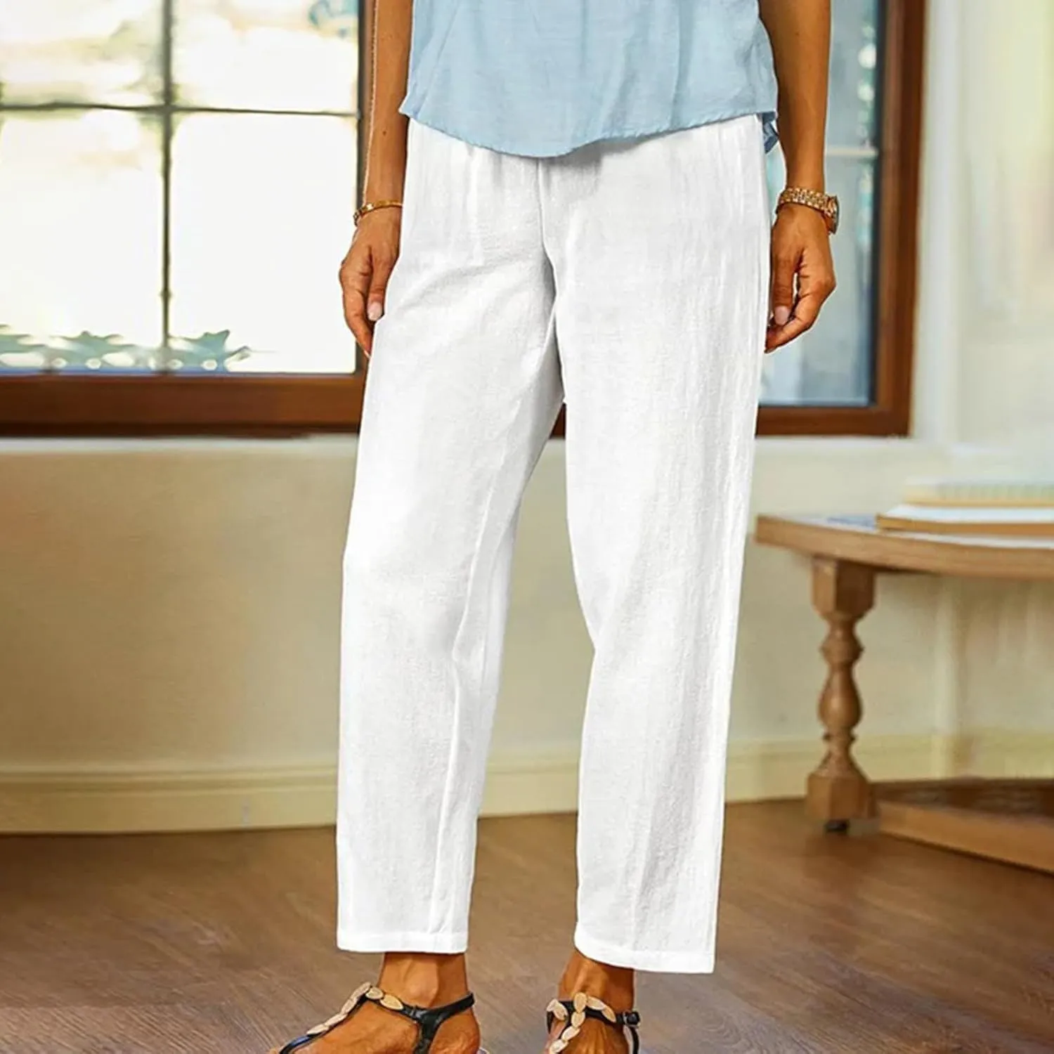 Lastesso Casual Pants for Women Lightweight Cotton Linen Straight Trousers Relaxed Size Cozy Beach Summer Lounge Outfits