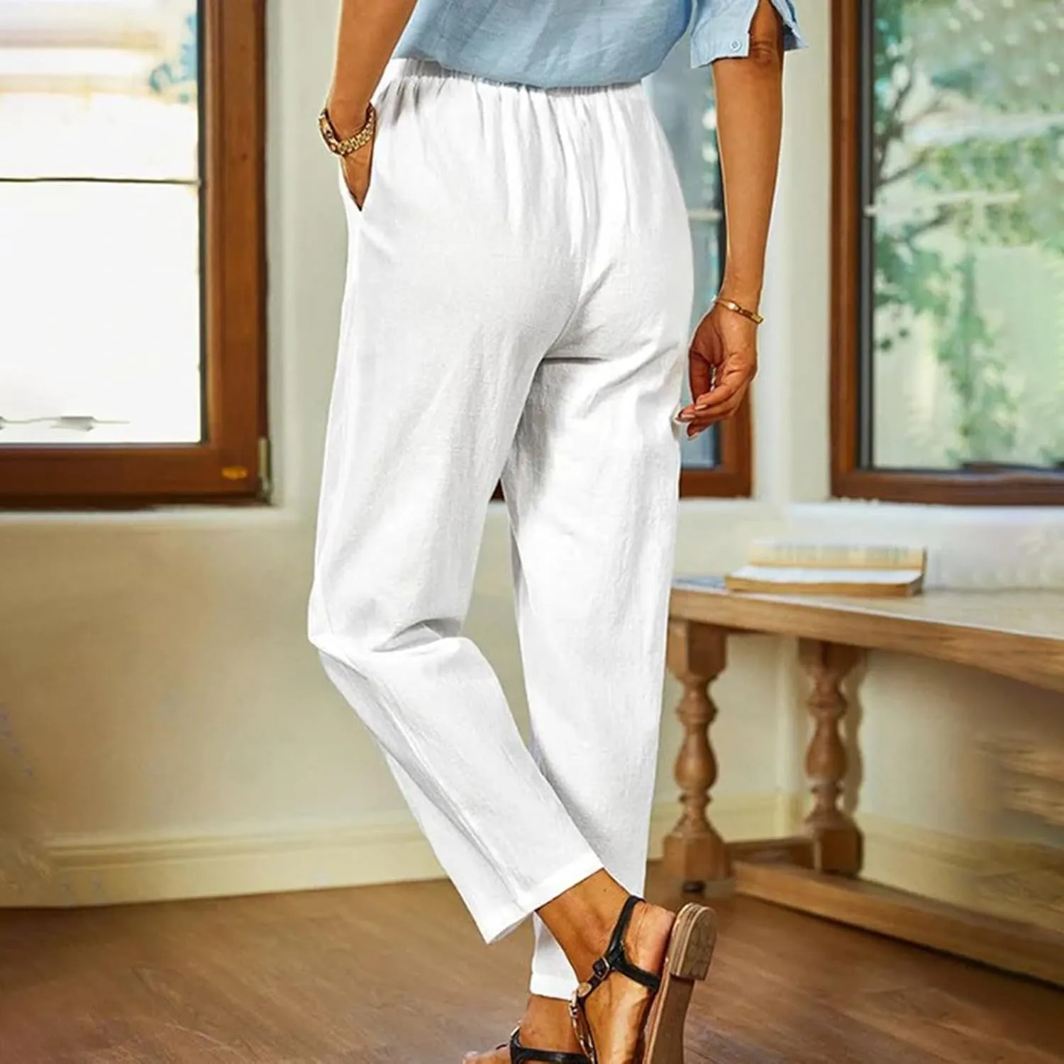 Lastesso Casual Pants for Women Lightweight Cotton Linen Straight Trousers Relaxed Size Cozy Beach Summer Lounge Outfits