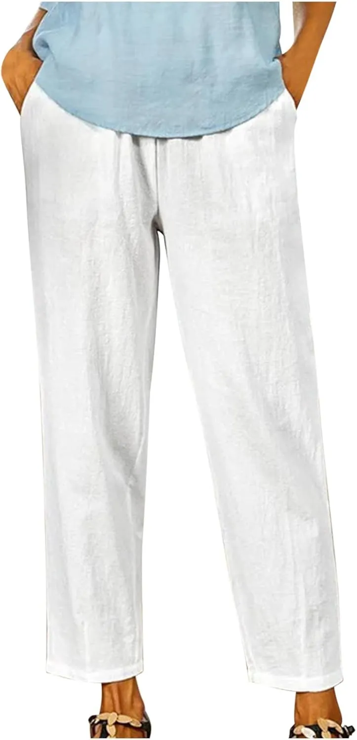 Lastesso Casual Pants for Women Lightweight Cotton Linen Straight Trousers Relaxed Size Cozy Beach Summer Lounge Outfits