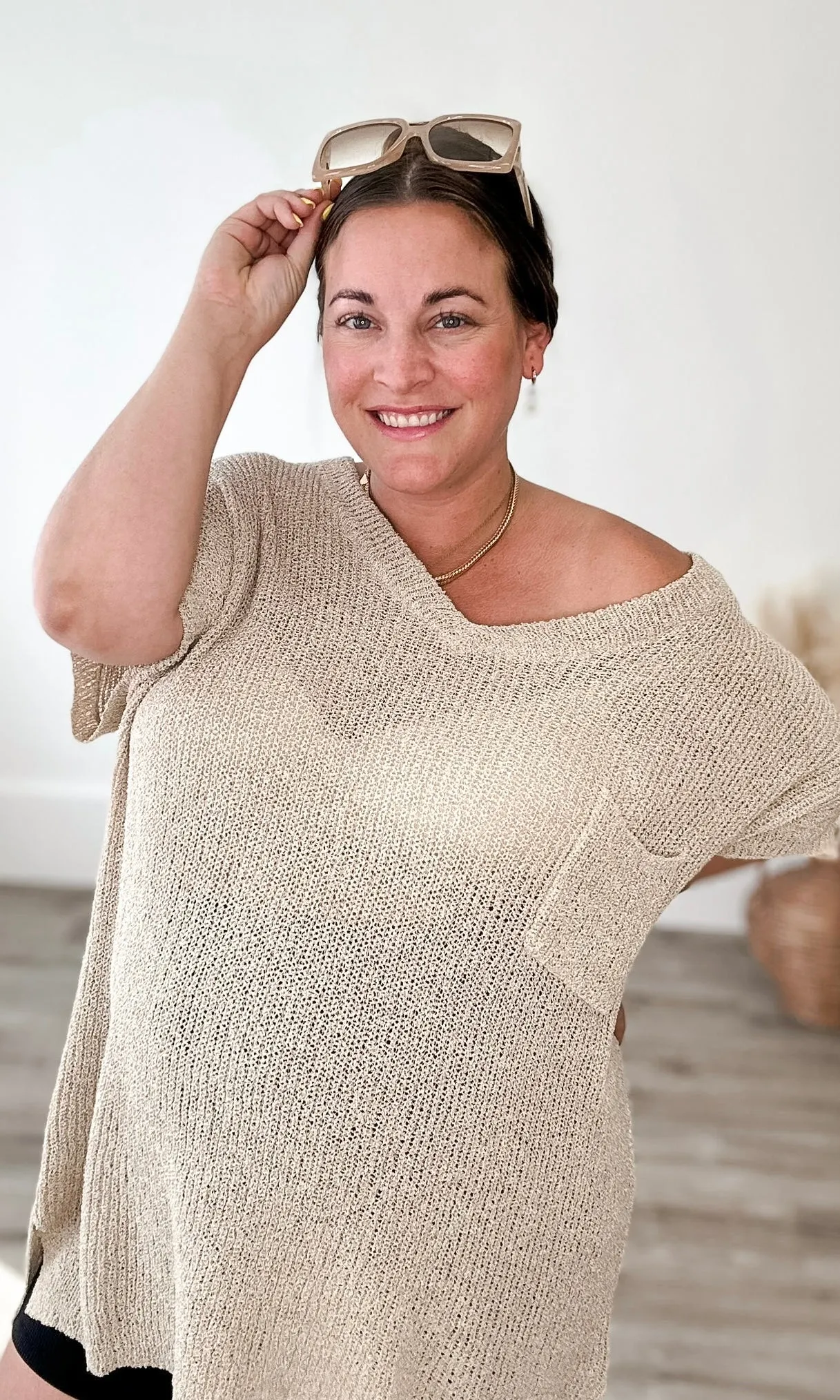 Light Knit, Short Sleeve Top - Oatmeal - EX