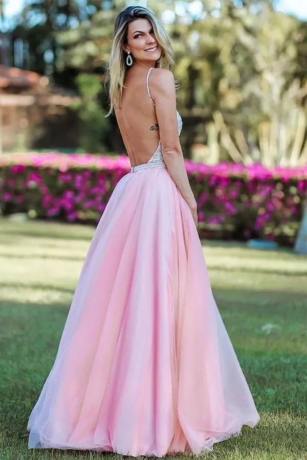 Long A-line V-neck Spaghetti Straps Open Back Prom Dress