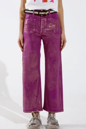Magenta Wide Leg Jeans With Metallic Finish In Gold