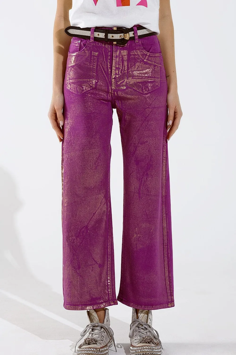 Magenta Wide Leg Jeans With Metallic Finish In Gold