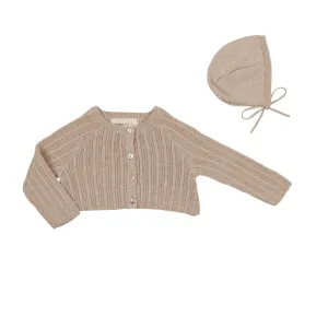 Mema Knits Oatmeal Crop Pointelle Cardigan and Bonnet