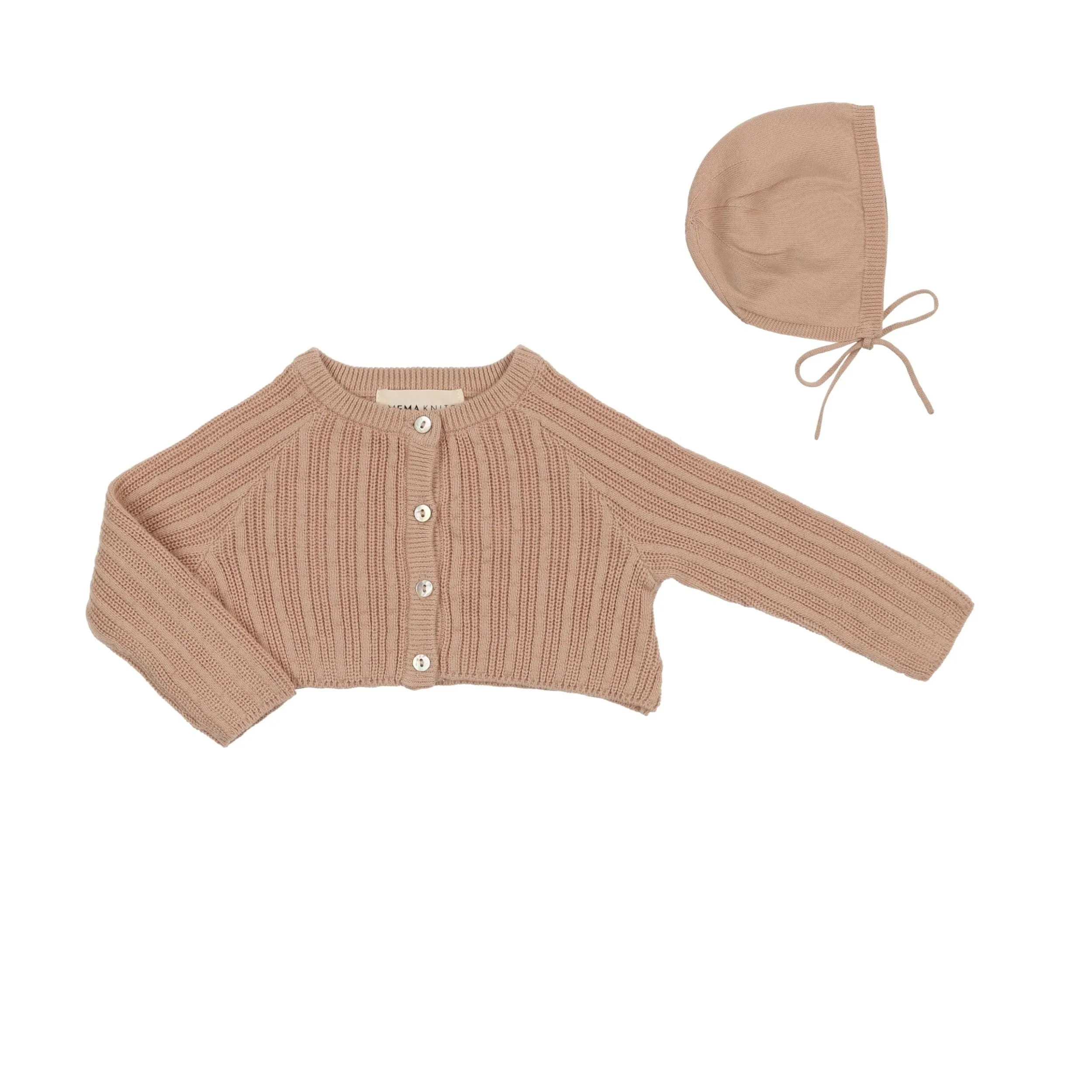 Mema Knits Pink Crop Pointelle Cardigan and Bonnet