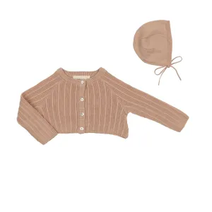 Mema Knits Pink Crop Pointelle Cardigan and Bonnet