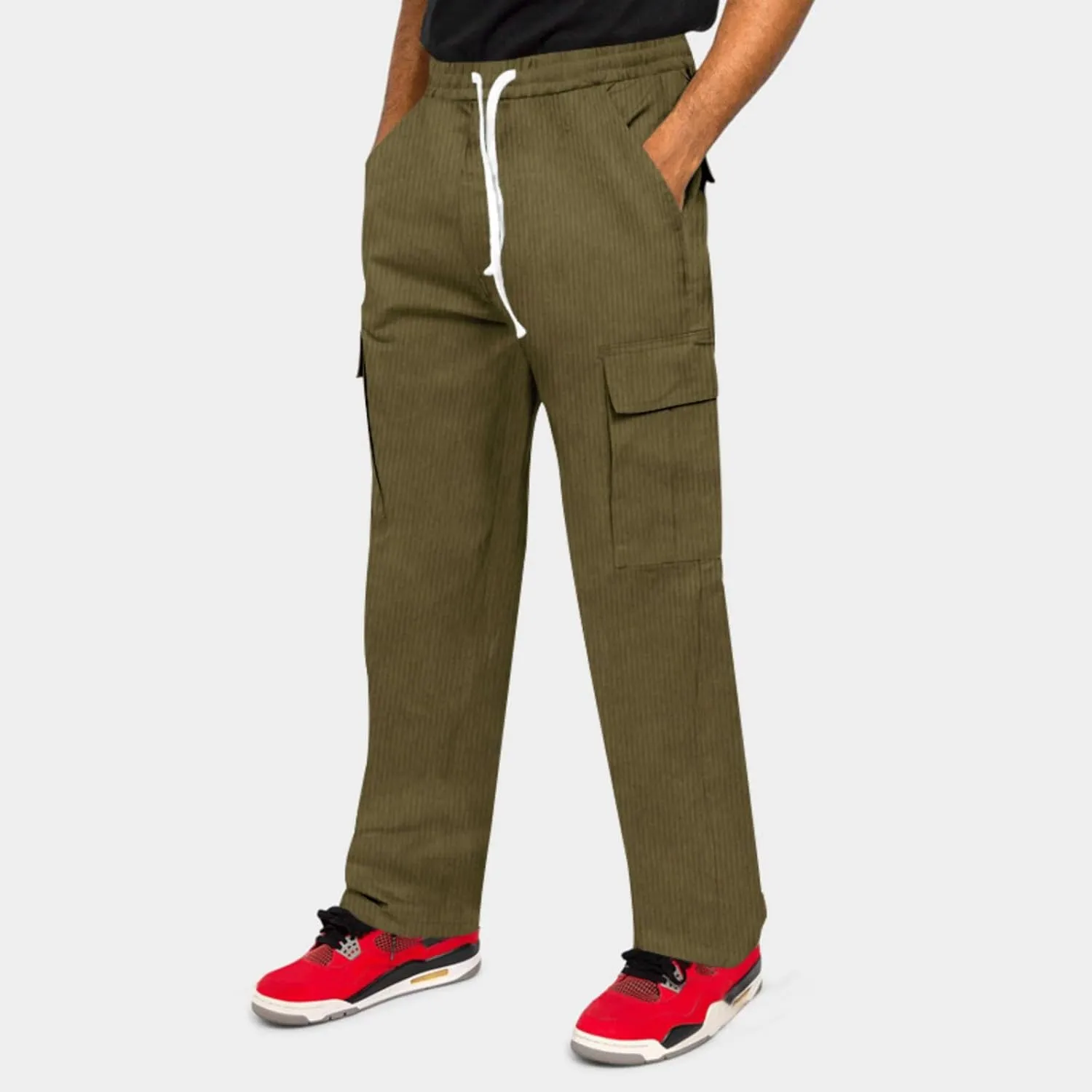 Mens Corduroy Pants Retro Cargo Pants Elastic Drawstring Regular Fit Athletic Joggers Breathable Quick Dry Casual