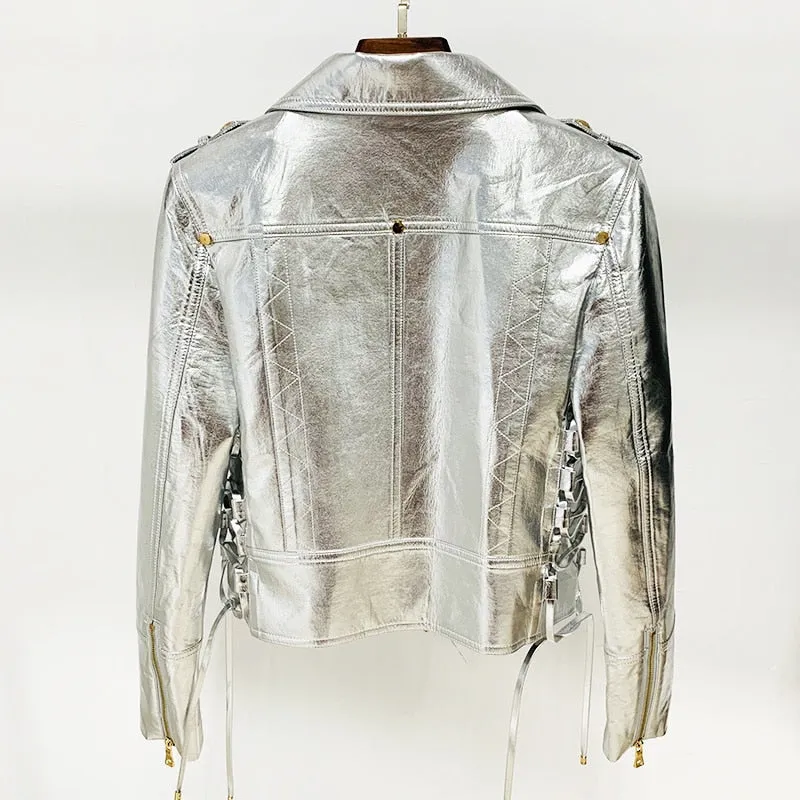 Metal Silver Leather Jacket Women Zipper Moto Outerwear Chic Lace-up Design Synthetic Leather Motorcycle Jackets