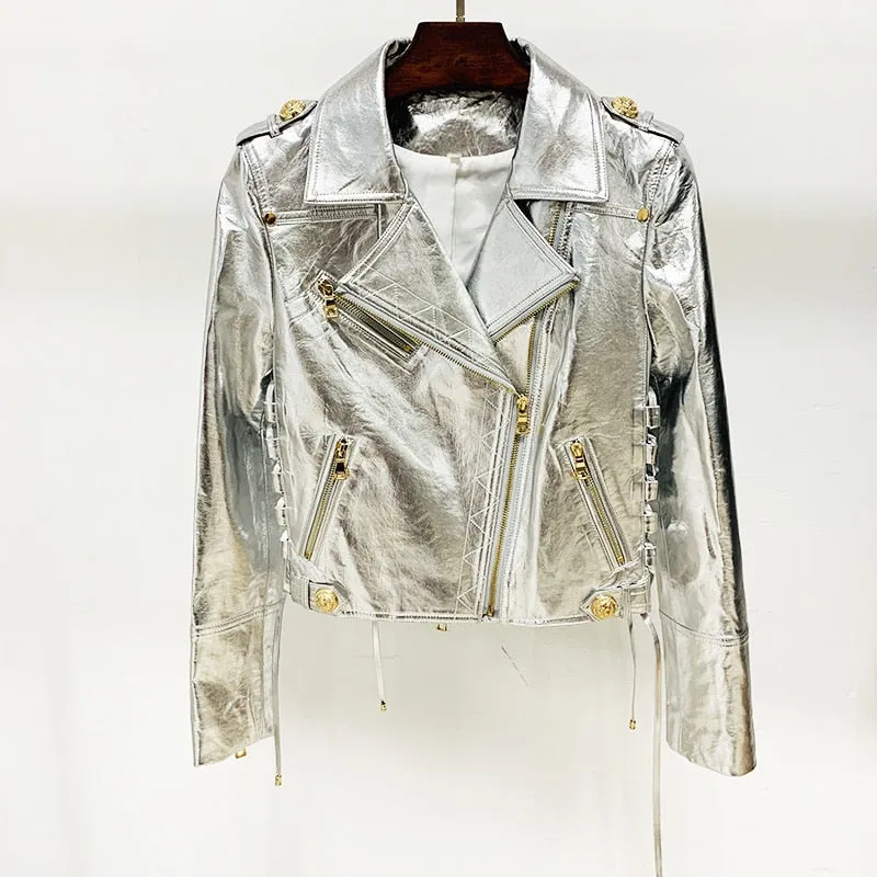 Metal Silver Leather Jacket Women Zipper Moto Outerwear Chic Lace-up Design Synthetic Leather Motorcycle Jackets