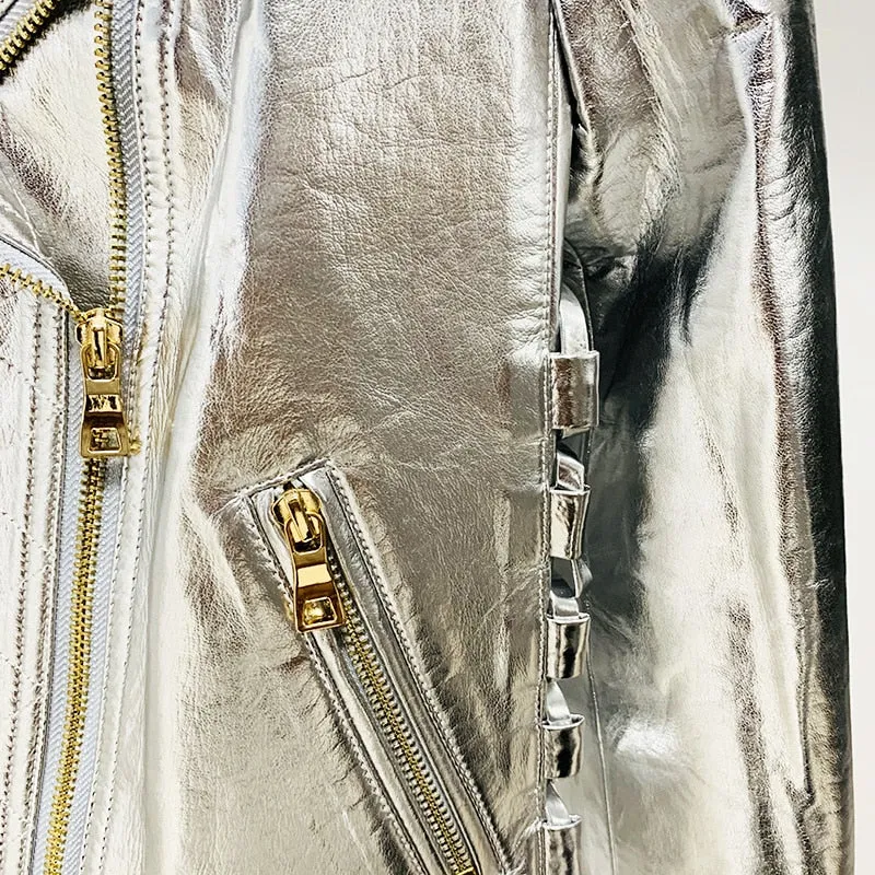 Metal Silver Leather Jacket Women Zipper Moto Outerwear Chic Lace-up Design Synthetic Leather Motorcycle Jackets