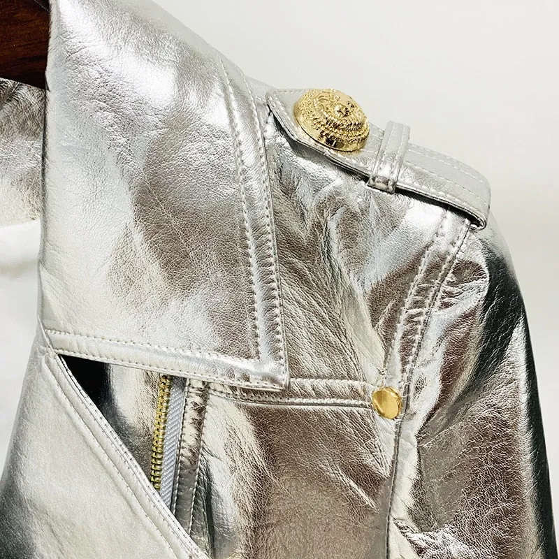 Metal Silver Leather Jacket Women Zipper Moto Outerwear Chic Lace-up Design Synthetic Leather Motorcycle Jackets