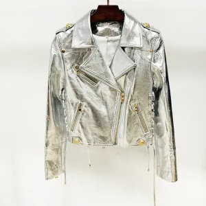 Metal Silver Leather Jacket Women Zipper Moto Outerwear Chic Lace-up Design Synthetic Leather Motorcycle Jackets