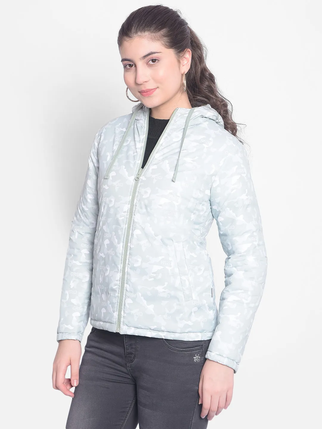 Mint Green Printed Reversible Jackets With Hood