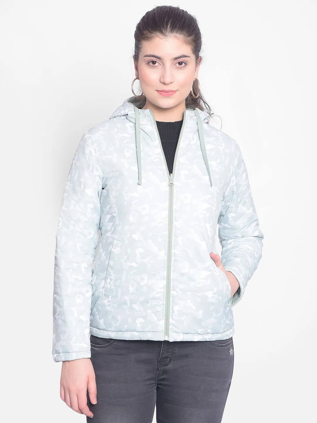 Mint Green Printed Reversible Jackets With Hood