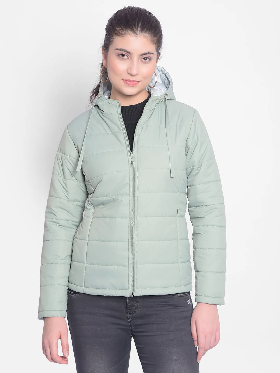 Mint Green Printed Reversible Jackets With Hood