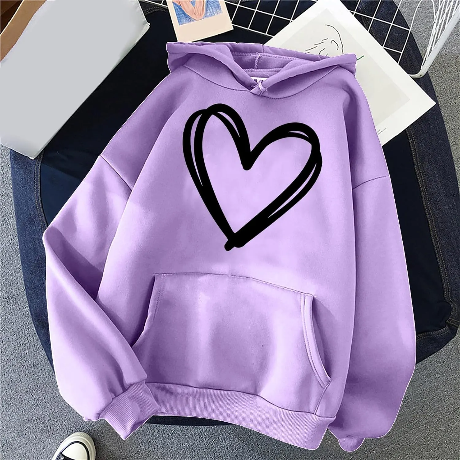 Oversized Women's Hoodies Print Love Heart 2024 Fashion Drawstring Long Sleeve Solid Pullover Sweatshirt with Pockets